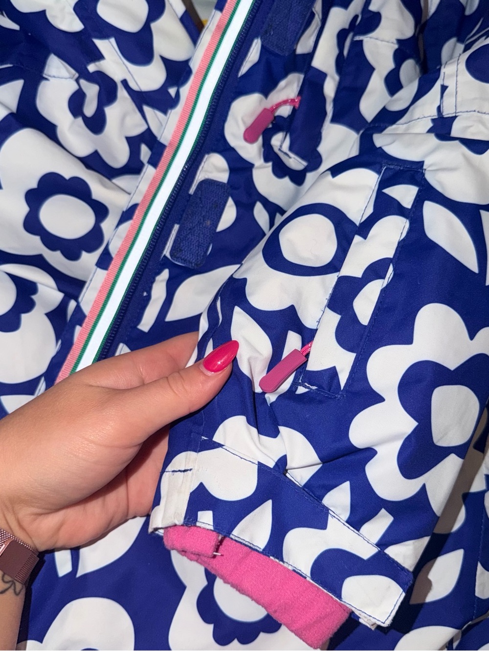 Boden Girls Winter Coat - Blue & Pink Floral Design - Picture 4 of 5